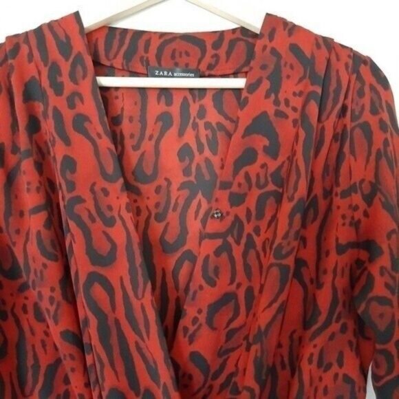 ZARA | Leopard Bodysuit Deep V-Neck Long Sleeve Red & Black Sz S - Picture 8 of 13